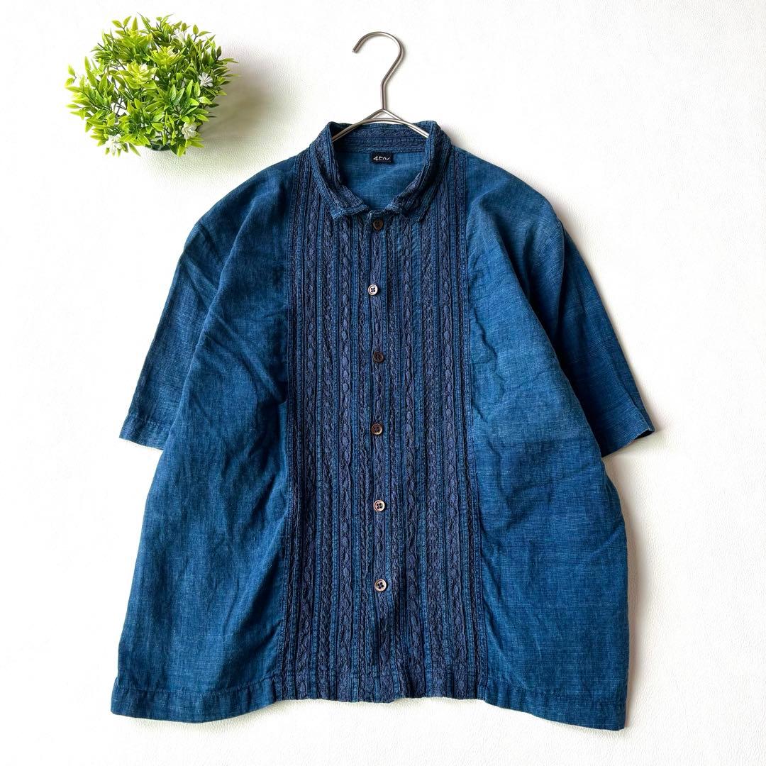 45R インドカディのレース四角ブラウス（藍）　半袖　サイズ2