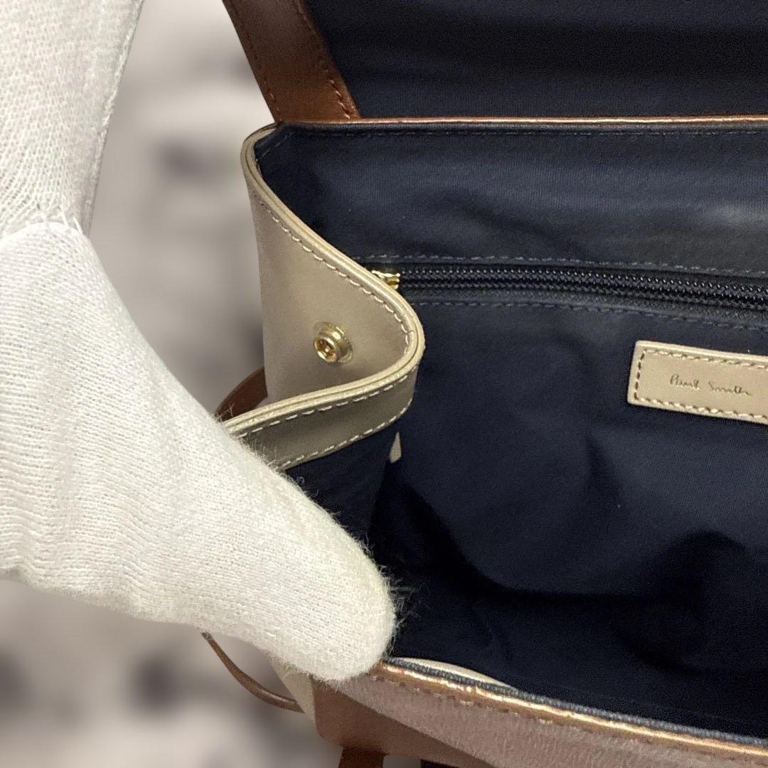 (美品)大人気、ポールスミス、リュック、オールレザー、シボ革、人気色、茶、グレー