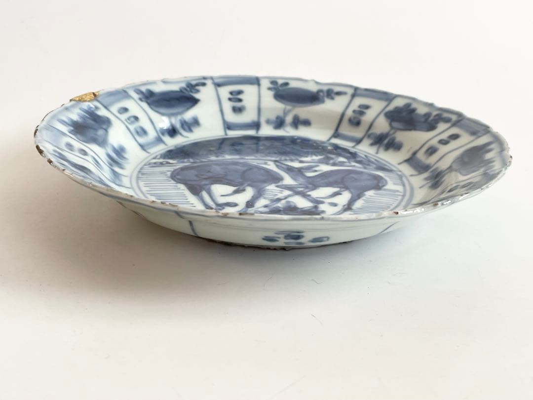 骨董　アンティーク　古染付　芙蓉手　双鹿図　皿　七寸皿