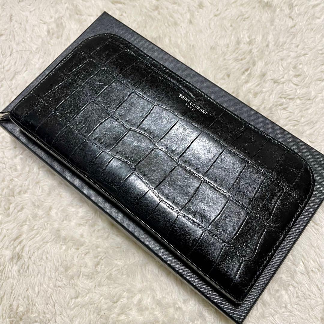 箱付美品 付属品完備 サンローランパリ クロコ型押し ラウンドファスナー 長財布