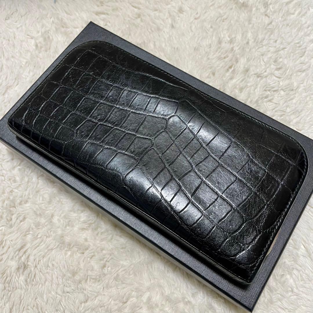 箱付美品 付属品完備 サンローランパリ クロコ型押し ラウンドファスナー 長財布