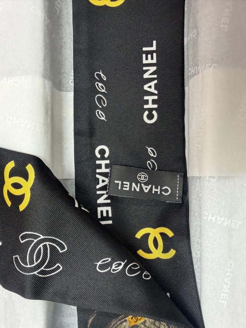 【美品】CHANEL シルク ツイルスカーフ 黒