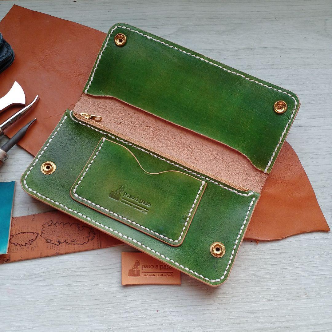 トラッカーウォレット　ロング　ハンドメイド グラデーション　オリーブ～グリーン