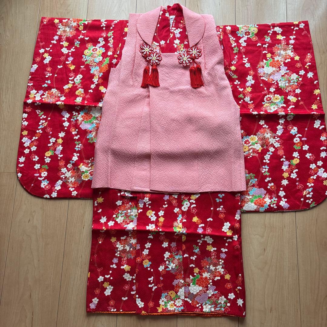 60 正絹？　真紅×小花柄　七五三着物セット　被布　3歳　日本製
