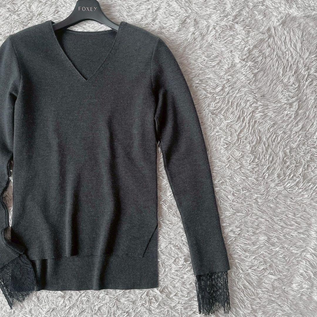 【美品】フォクシー ニットセーター 薄手カシミアシルク袖口フレンチレース グレー