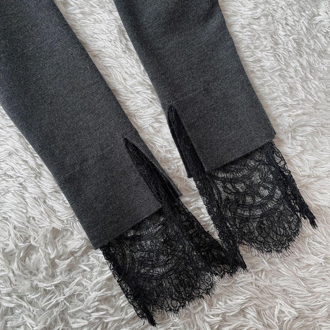 【美品】フォクシー ニットセーター 薄手カシミアシルク袖口フレンチレース グレー