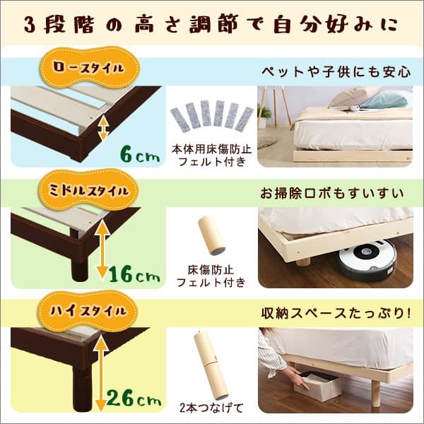 新品　パイン材高さ3段階調整脚付きすのこベッド（ダブル）