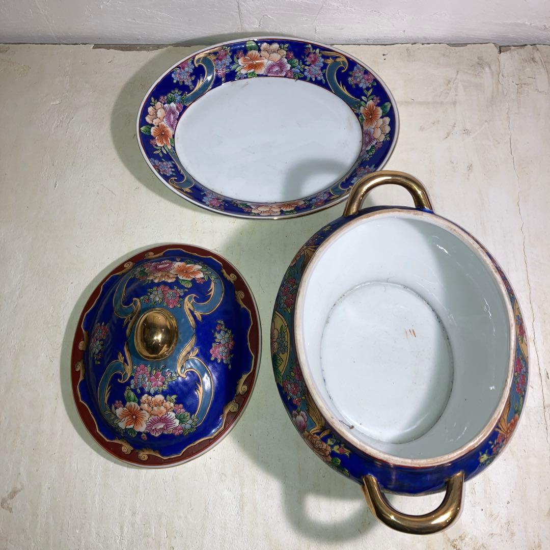 景徳鎮 乾隆年製 中国 大型 蓋付き碗 シチュー器 金彩 色絵磁器 古食器