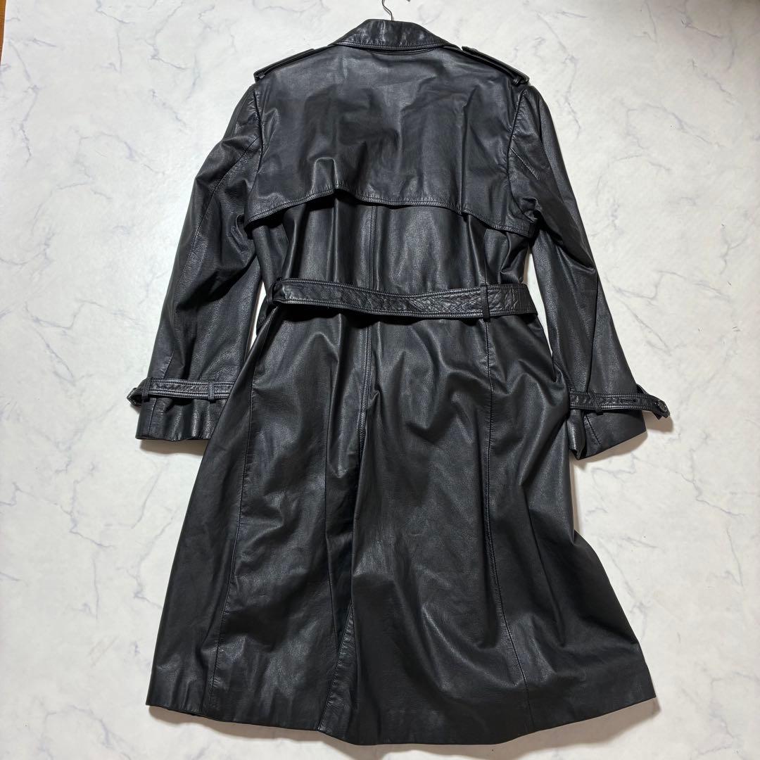 美品✨VINTAGE レザー トレンチコート ロング ダブル ベルト 黒 L位