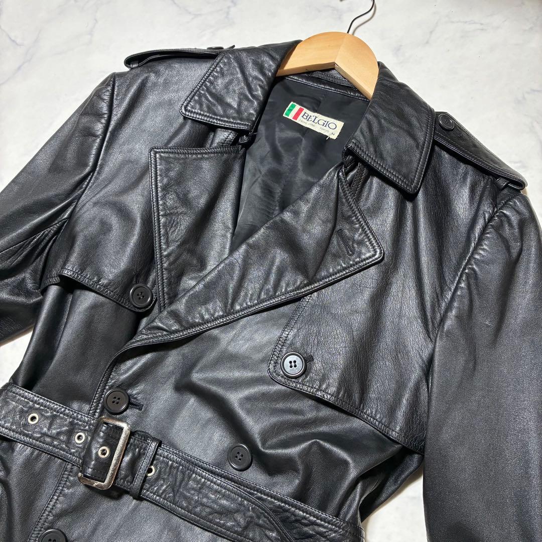 美品✨VINTAGE レザー トレンチコート ロング ダブル ベルト 黒 L位