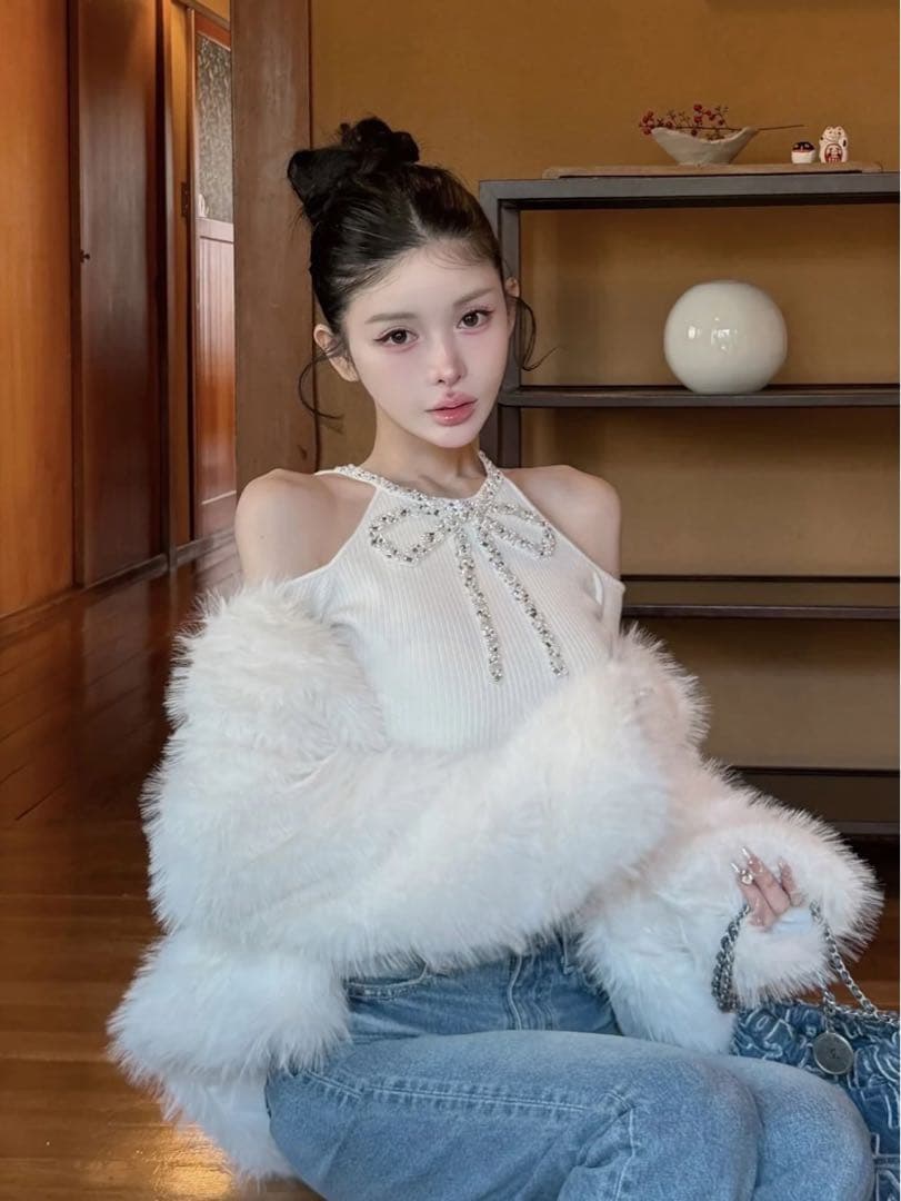 リボンビジューアメスリニットトップス ivory
