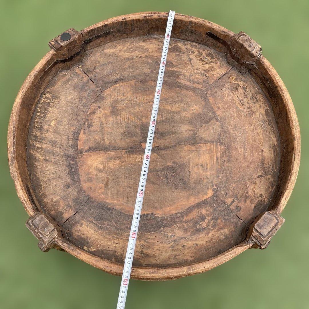 彫刻木製円形テーブル ガラス天板付き　アフリカ手彫りローテーブル　アンティーク