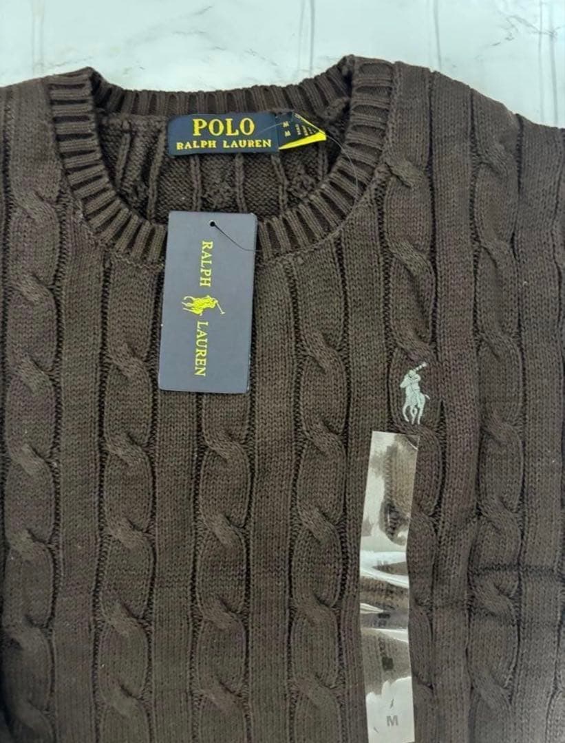 ポロ Poloラルフローレン ケーブルニット 茶色　ブラウンM タグ付新品