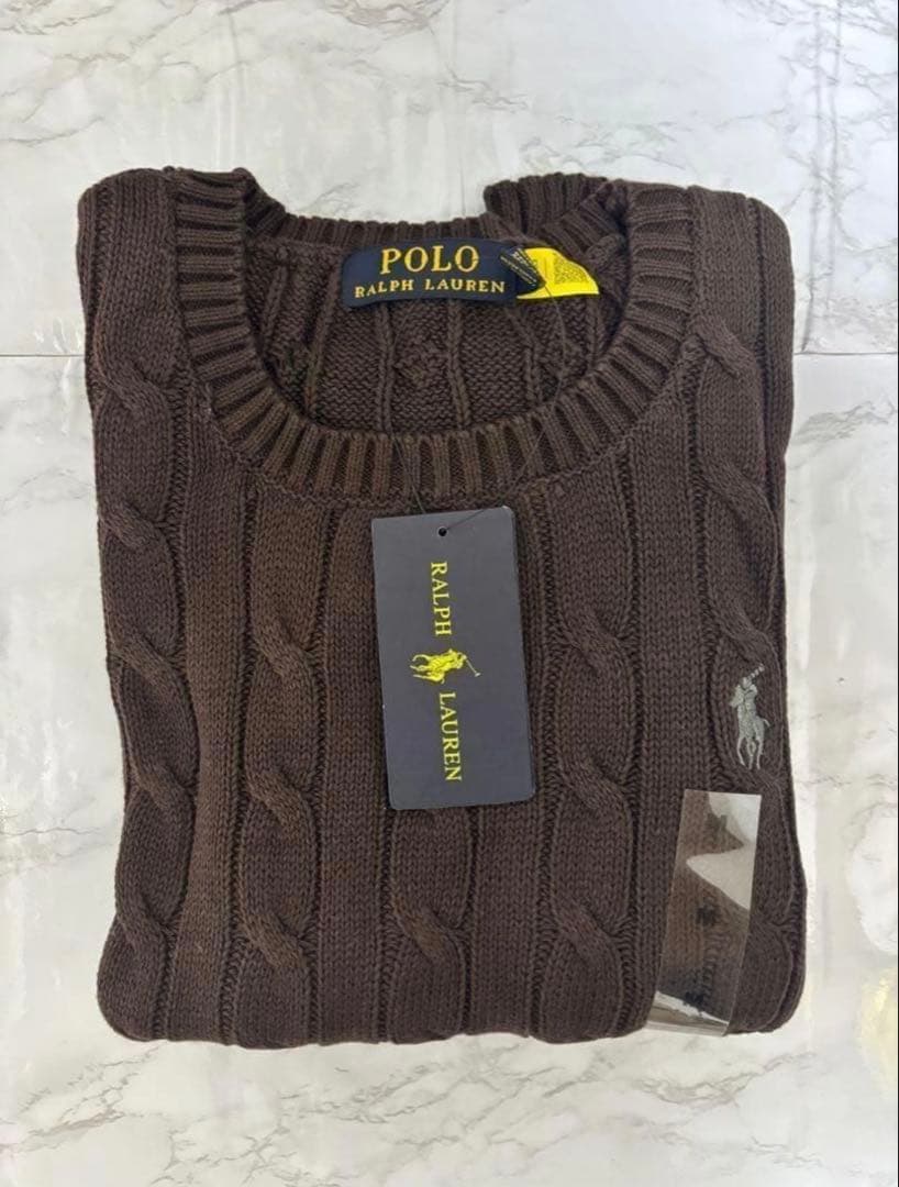 ポロ Poloラルフローレン ケーブルニット 茶色　ブラウンM タグ付新品