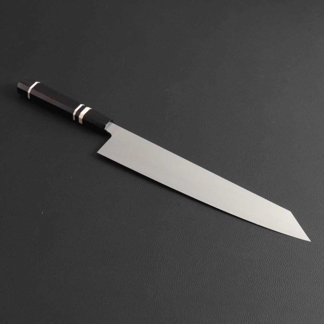 10431 切付型牛刀 尺寸 両刃 刺身包丁 洋包丁 黒檀黒水牛角白三本巻八角柄