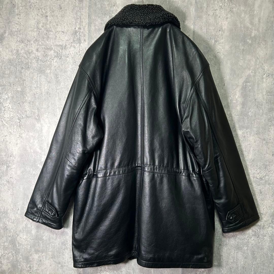 美品 高級 スペインレザー カーコート ボア襟 羊革 黒 光沢 XL