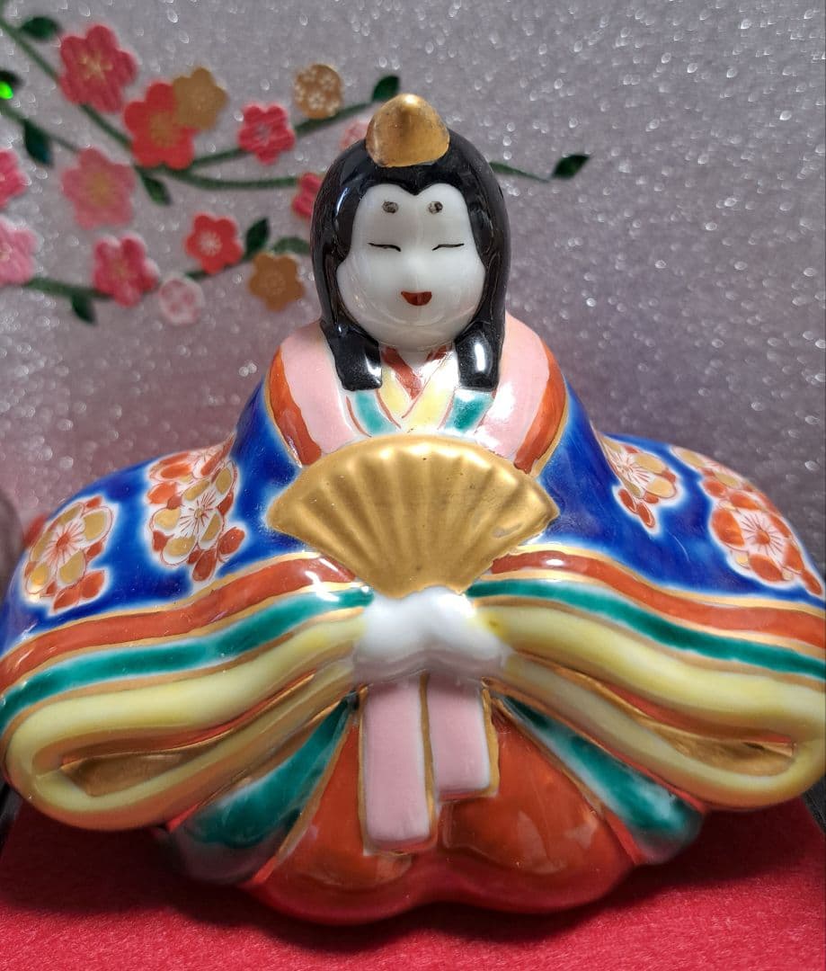 k-⑬九谷焼 ひな人形 3号 親王飾り 菊仙作 茶青海波