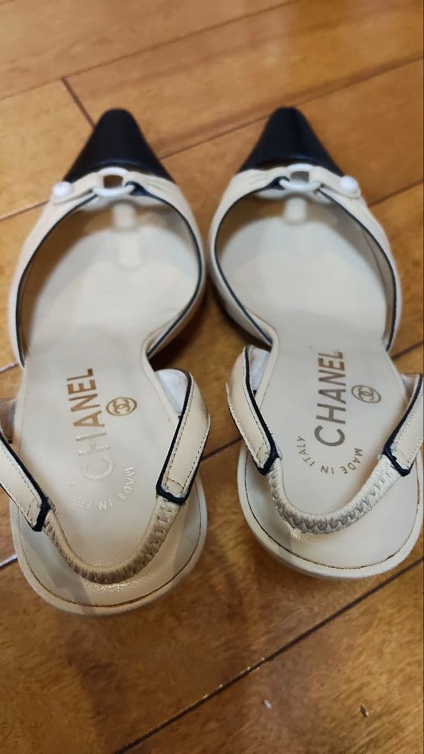 CHANEL ベージュ ブラック スリングバックパンプス