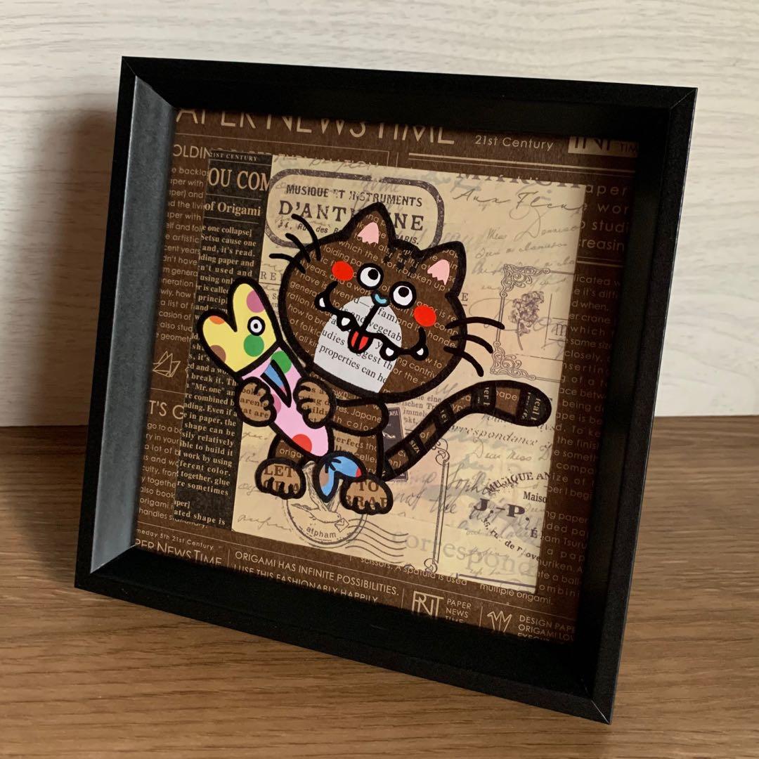 【原画作品】★貼り絵★お魚大好き猫ちゃん