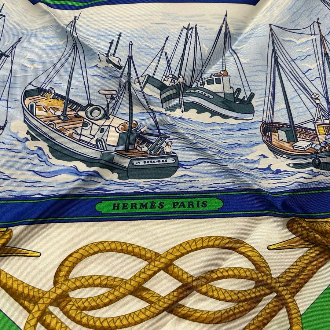 HERMES エルメス スカーフ カレ 90 漁船の帰港 グリーン ブルー 大判