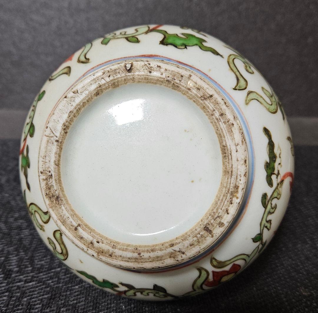 中国古美術　古陶磁器　古玩　明朝　古赤絵　天啓赤絵　五彩　花図瓶　壺　胴継ぎ有り