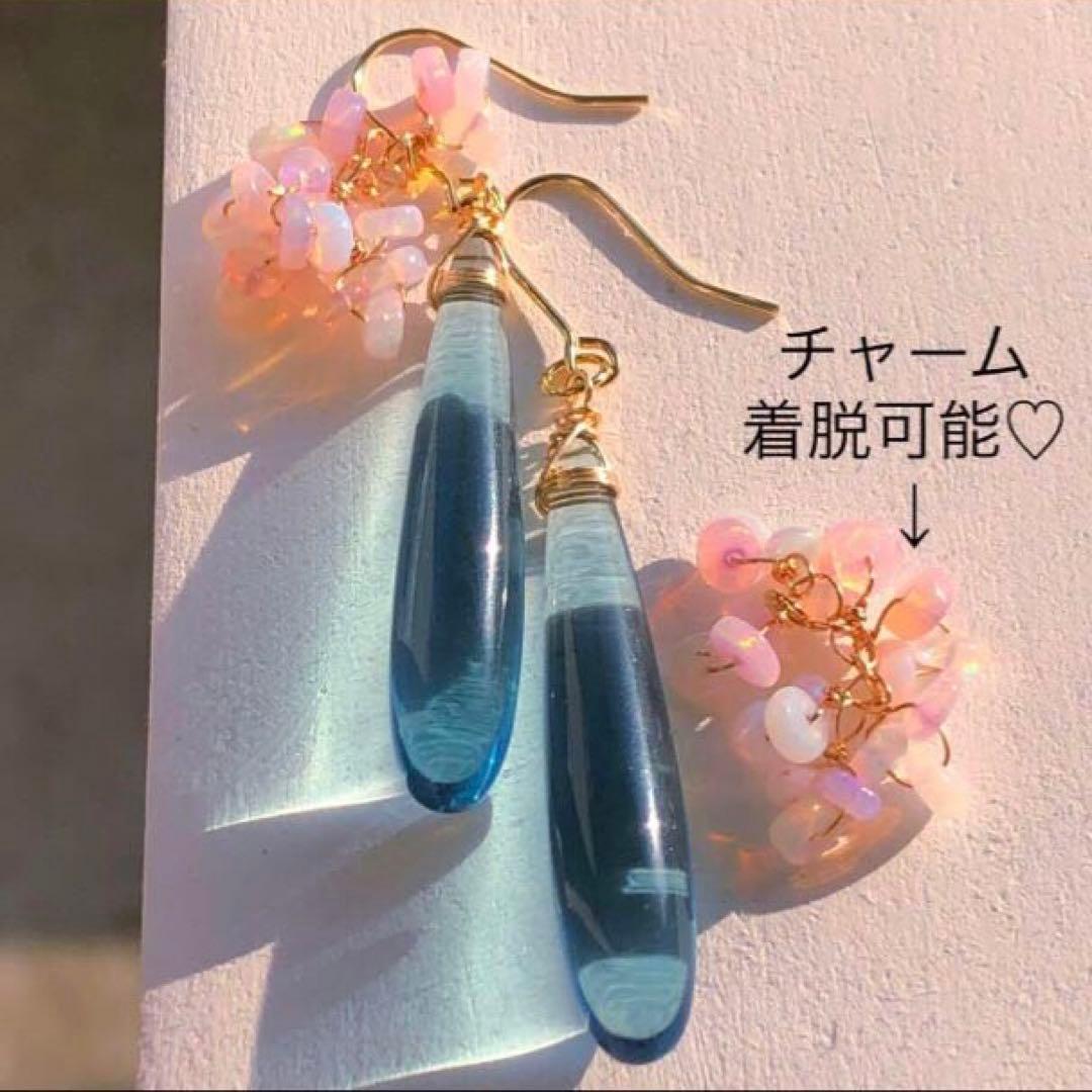 天然石♡桜プレシャスオパール×ティールブルーのピアス14kgf