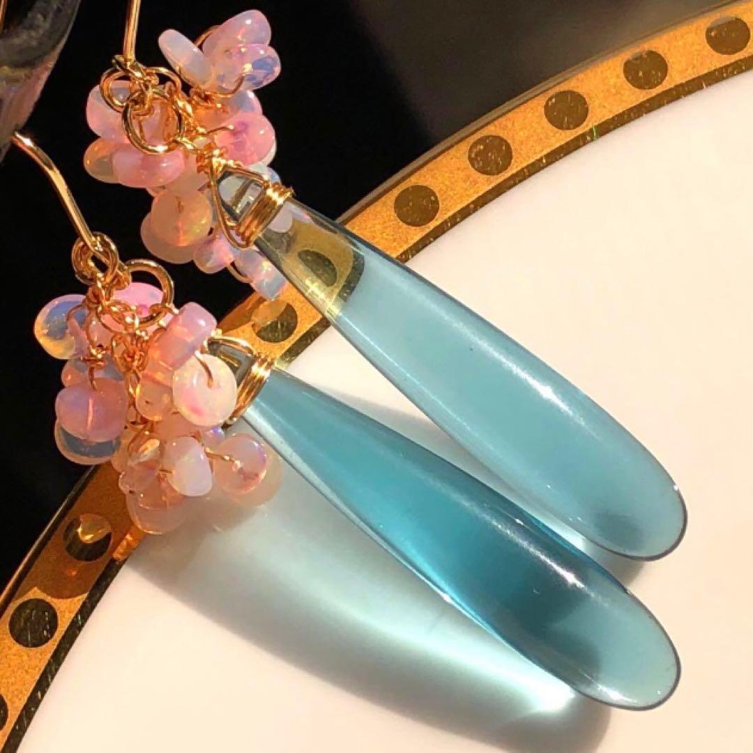 天然石♡桜プレシャスオパール×ティールブルーのピアス14kgf