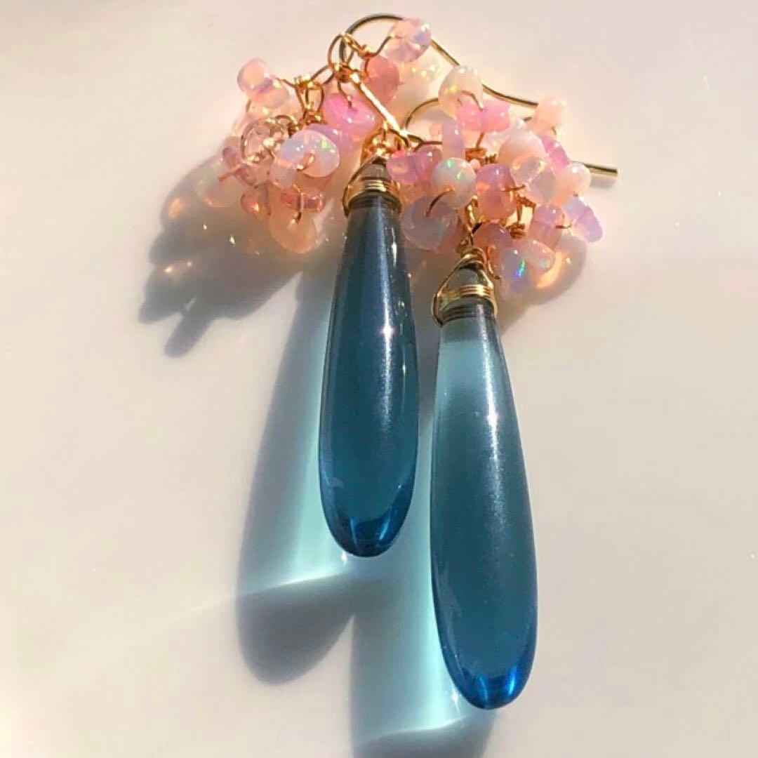 天然石♡桜プレシャスオパール×ティールブルーのピアス14kgf