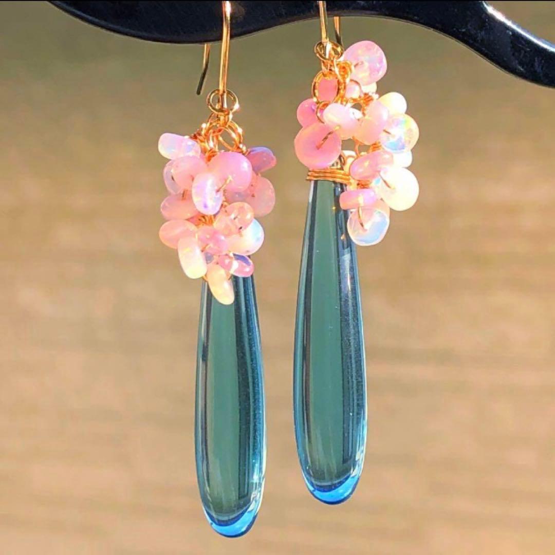 天然石♡桜プレシャスオパール×ティールブルーのピアス14kgf