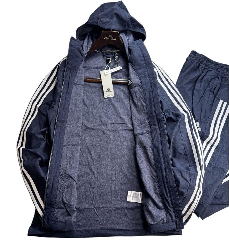 B新品 L アディダス adidas デニム風 ウーブン セットアップ 上下 紺