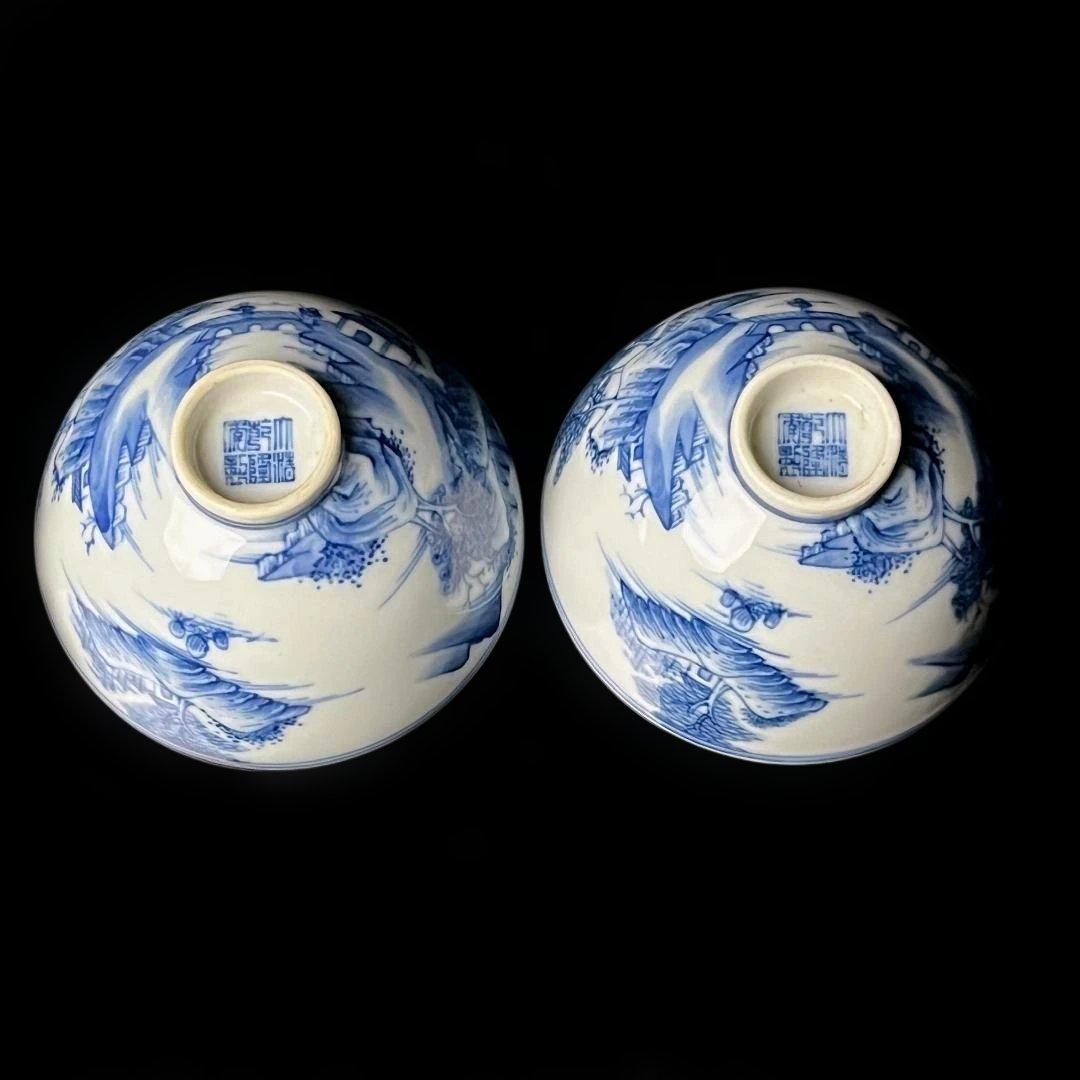 唐物 青花楼閣山水人物紋碗 一対 大清乾隆年製 款 煎茶碗 美術古玩 SH28