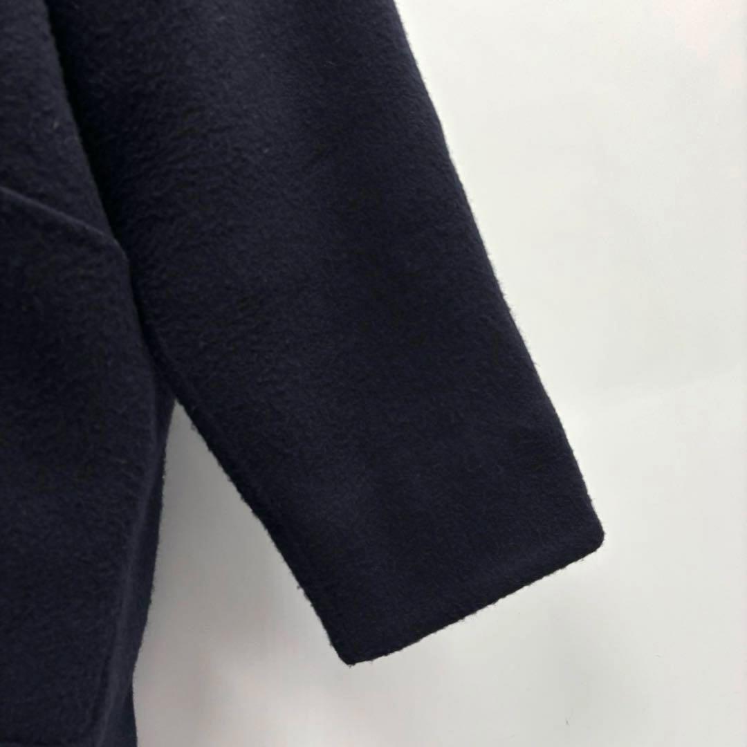 美品　anuans　ノーカラーウールロングコート　F　ネイビー　b5K002