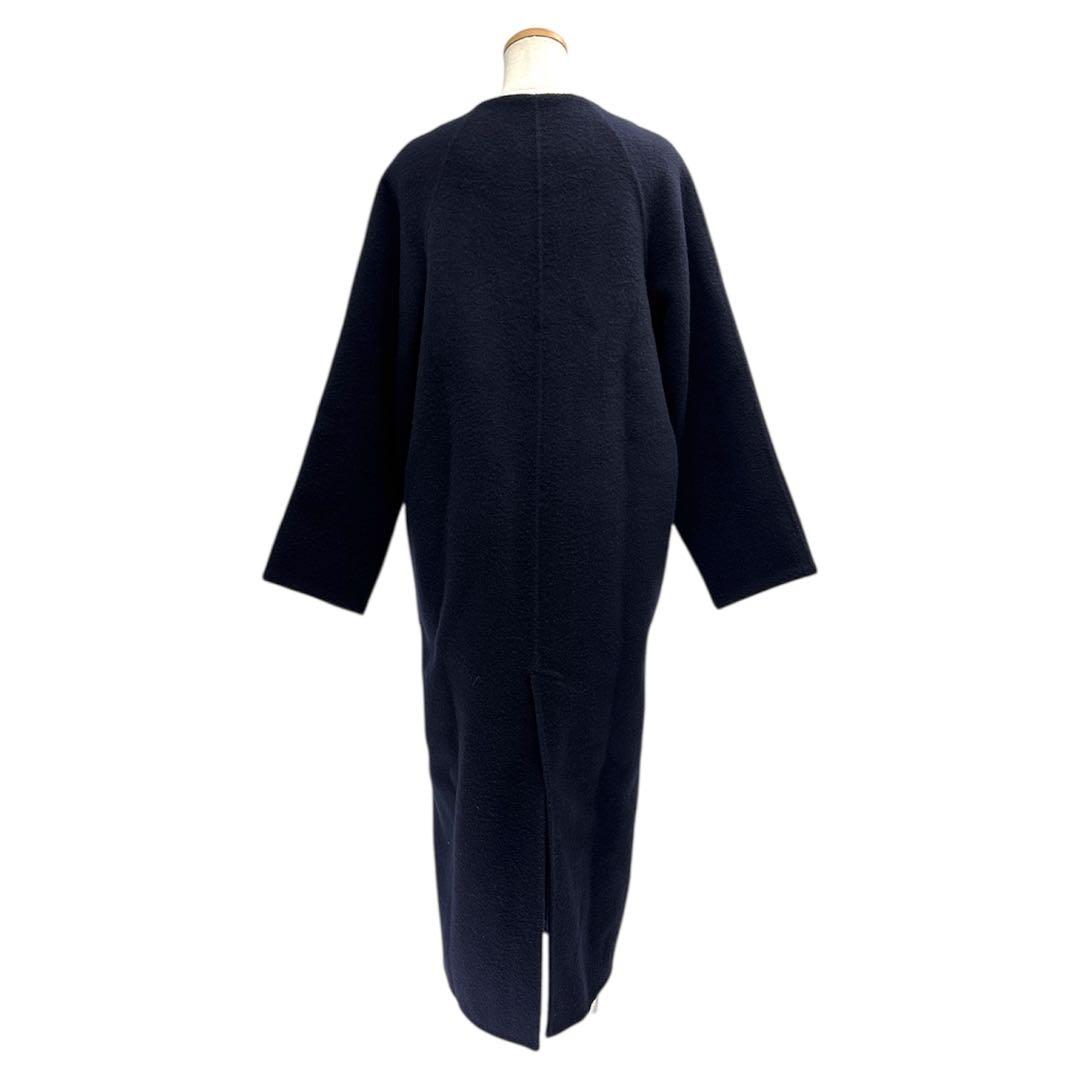 美品　anuans　ノーカラーウールロングコート　F　ネイビー　b5K002
