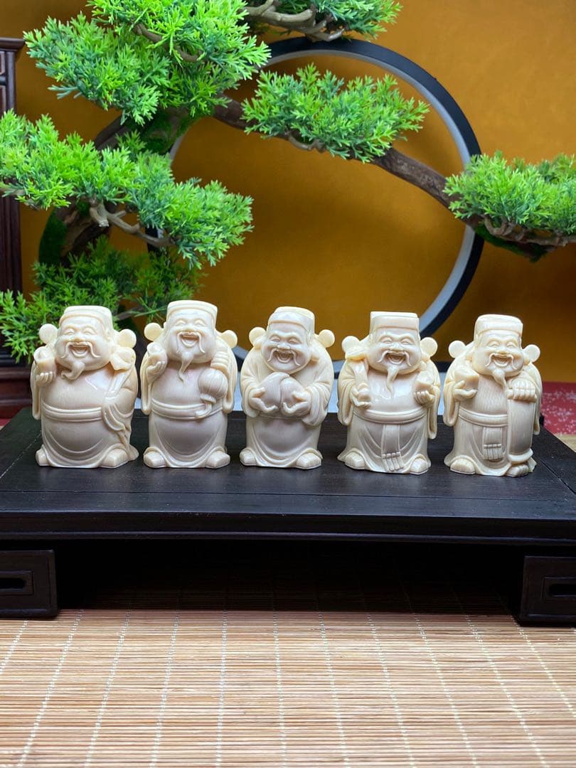 天然マンモス牙美しい手作り彫刻五路財神·五福臨門置物