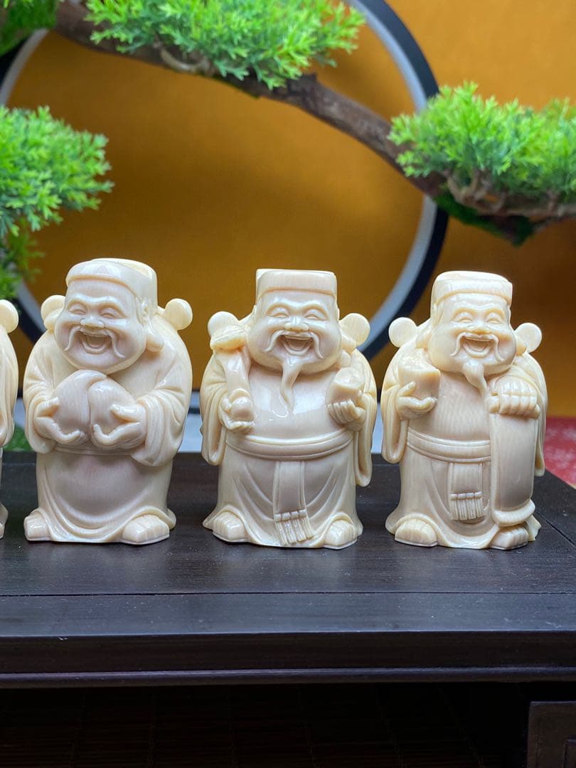 天然マンモス牙美しい手作り彫刻五路財神·五福臨門置物