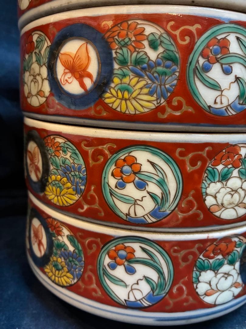 古伊万里　色絵　陶重　重箱　お節料理　江戸時代　傷直しあり　欠け無し