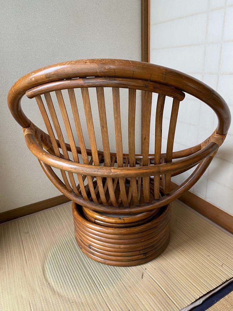 昭和レトロ 古家具 回転式ラタンチェア ラタンソファ エッグチェア 籐製 とう②