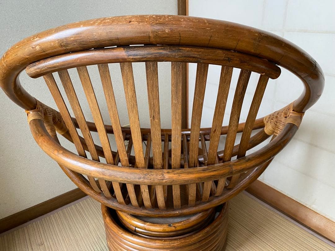 昭和レトロ 古家具 回転式ラタンチェア ラタンソファ エッグチェア 籐製 とう②