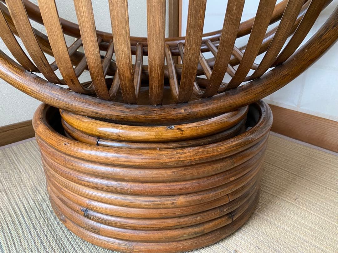 昭和レトロ 古家具 回転式ラタンチェア ラタンソファ エッグチェア 籐製 とう②