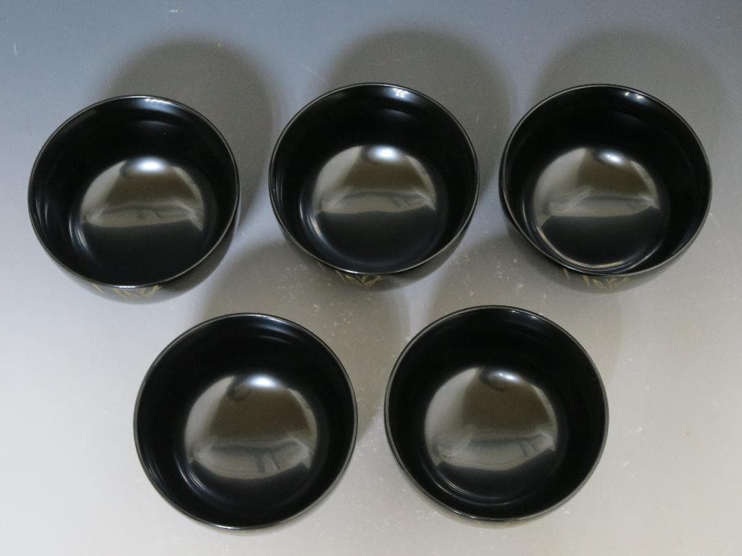 【輪島塗】極美品 秋草沈金 吸物椀 坂本漆器店 黒塗 五客揃 天然木 栞 共箱