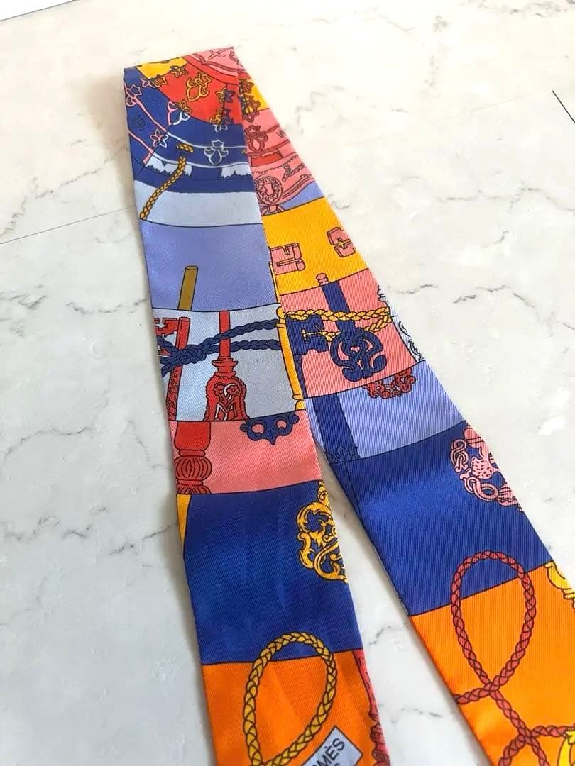 【Hermes】 エルメス ツイリー オレンジ青ロープ柄スカーフ