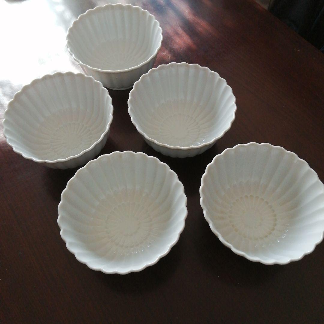 伊万里　白磁菊花中鉢　5客　16cm　明治～昭和初期