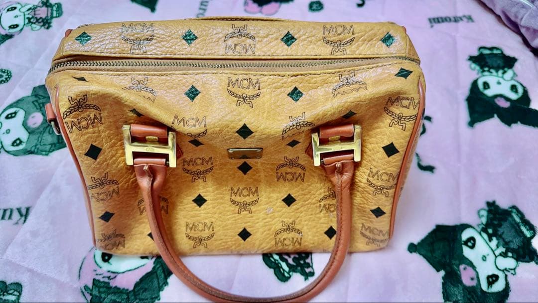 MCM ボストンバッグ ベージュ ロゴプリント