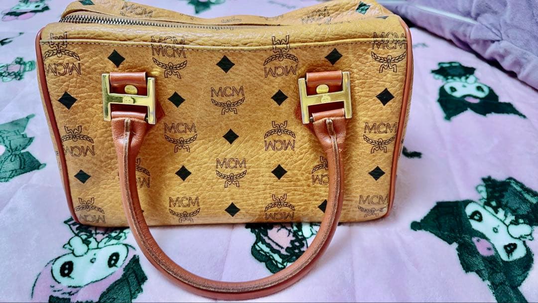 MCM ボストンバッグ ベージュ ロゴプリント