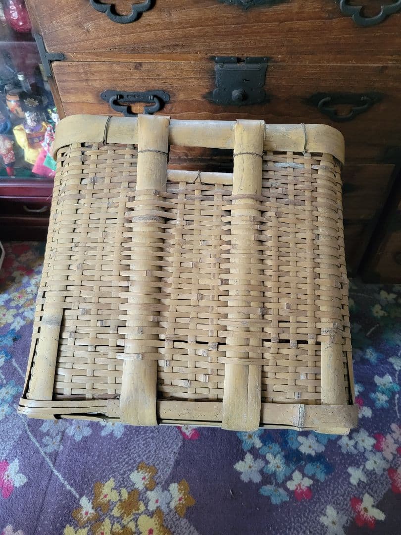 レア★　昭和レトロ　珍品　竹製角篭(骨太)　御用かご　超特大　良品