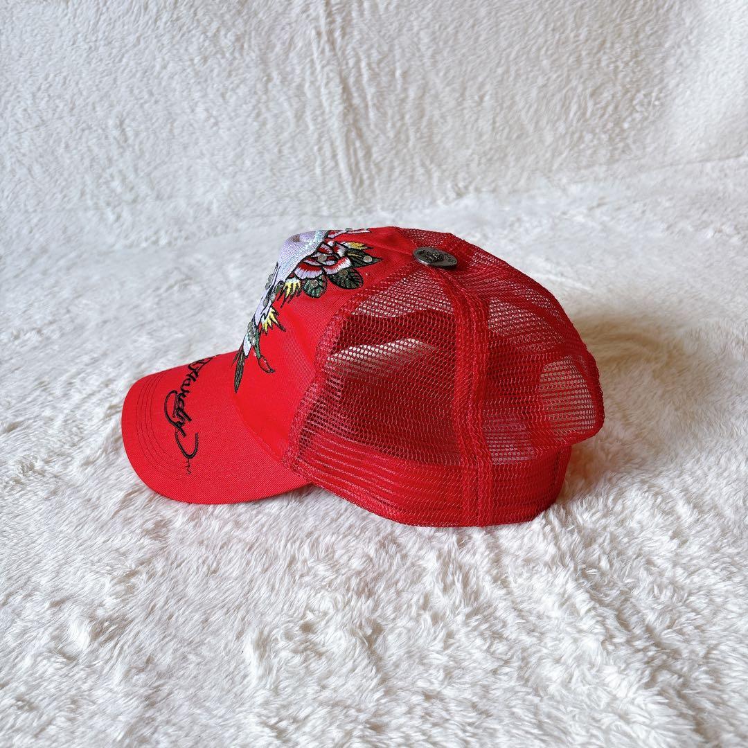 [超美品]ED Hardy スカル バラ刺繍 キャップ メッシュ レッド