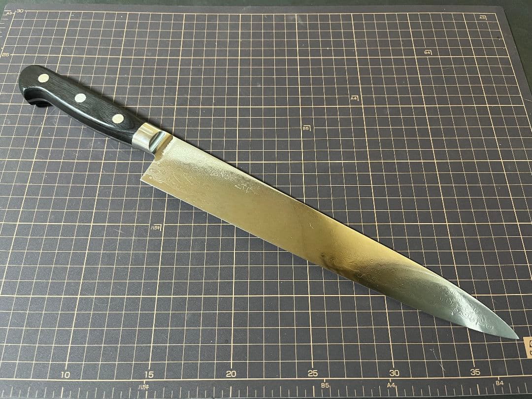 龍泉刃物 梵天雲龍 筋引 包丁 刃渡り27cm V 金10号 ニッケルダマスカス