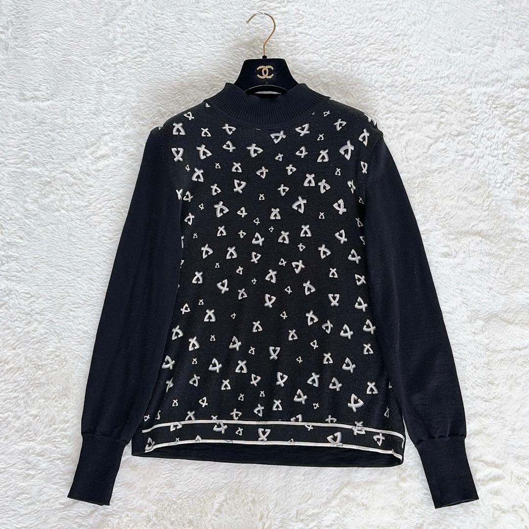 美品✨希少【レオナール】ウール100%総柄ロゴ タートルネックニット 黒 40