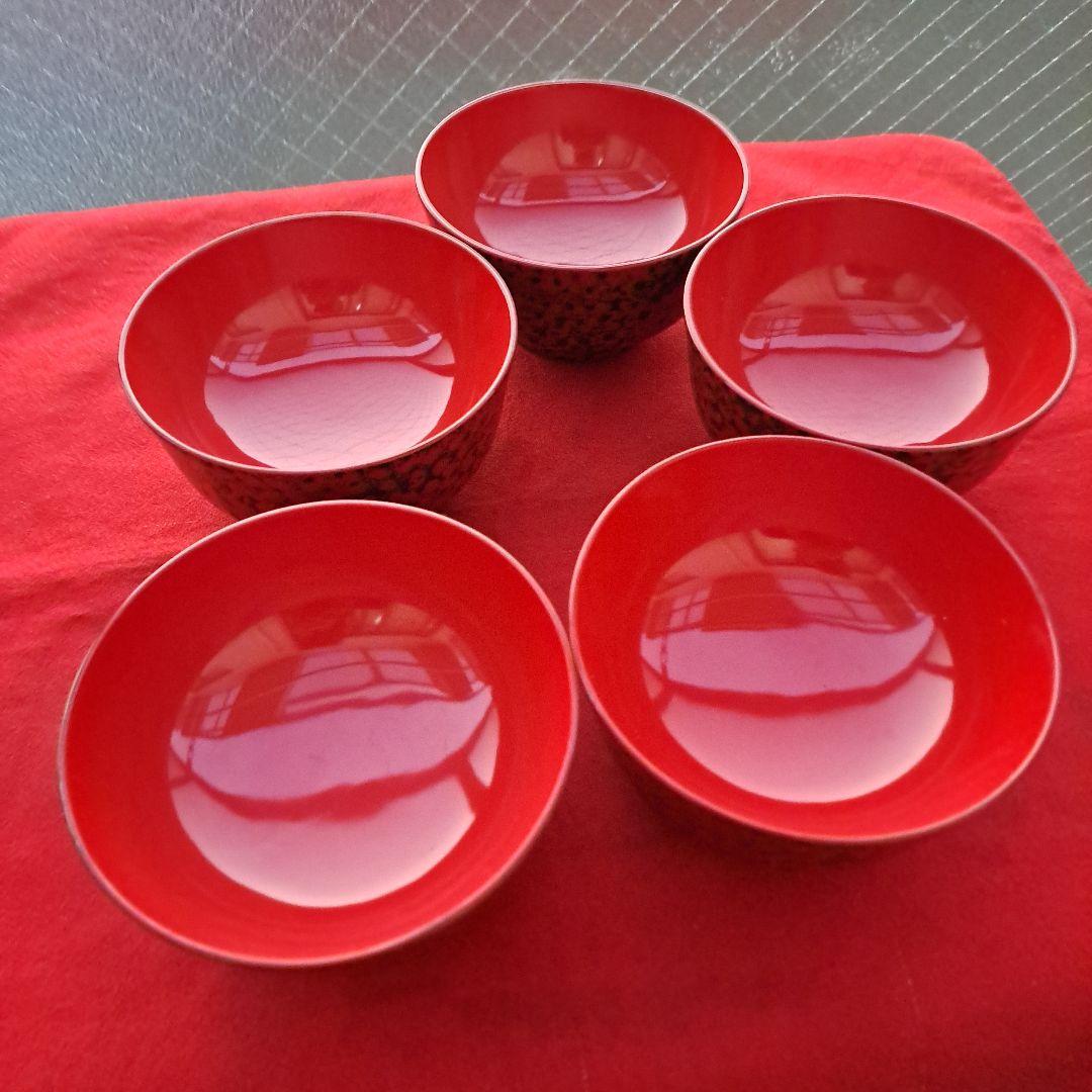 【津軽塗　唐塗　羽反型　汁椀×5客】天然木製　赤上　長期保管品