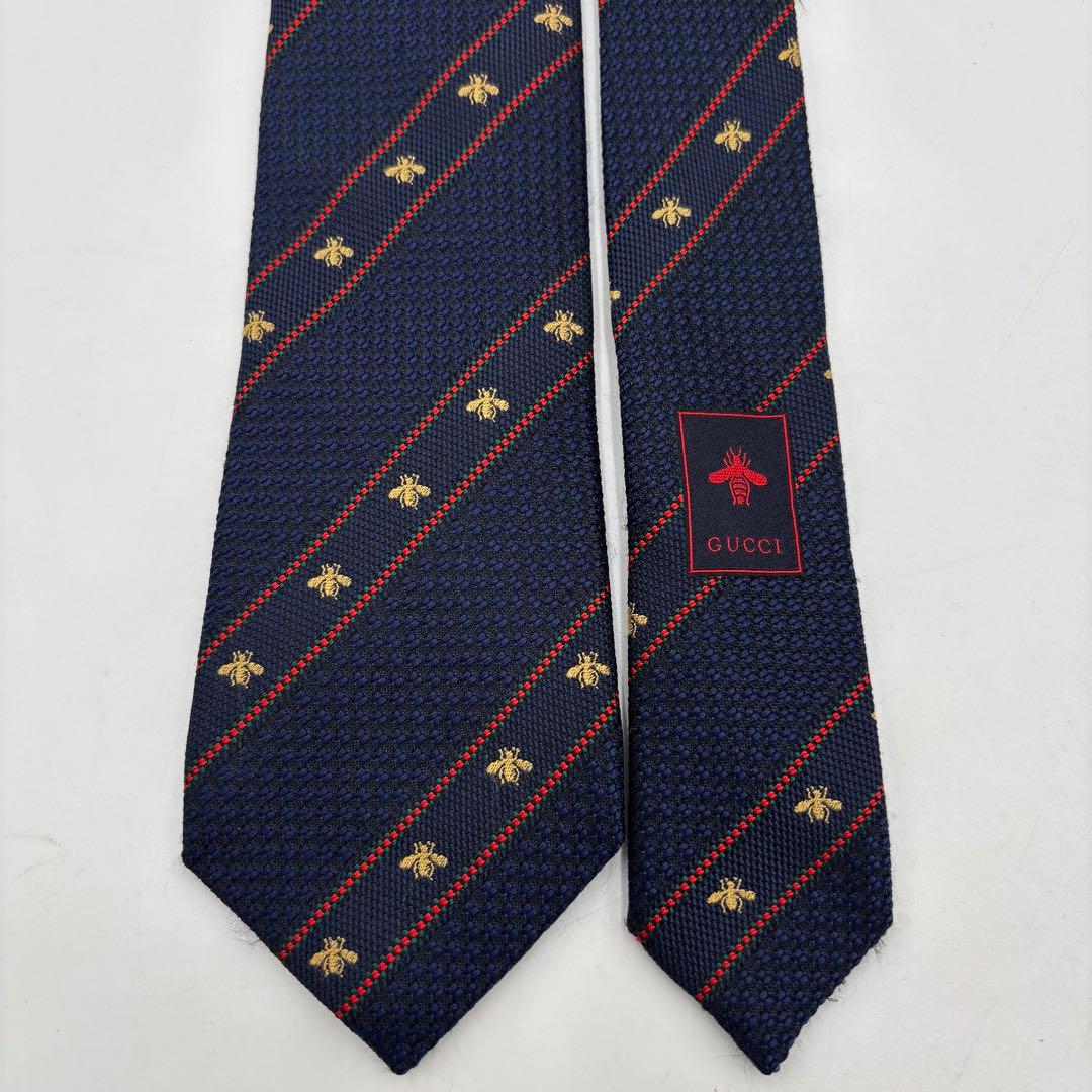 GUCCI グッチ ビー＆ウェブストライプ シルク ジャカードネクタイ ネイビー